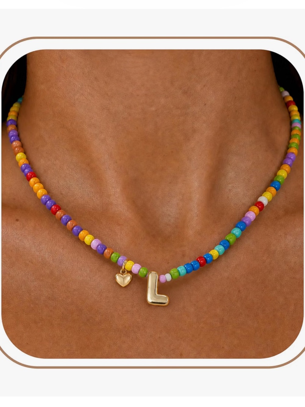 Gold Initial 'L' Multicolor Beaded Necklace 18K Gold Plated